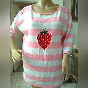 SWEET Pink & White Striped Top W/ EMBROIDERED Strawberry Design & RHINESTONES LG